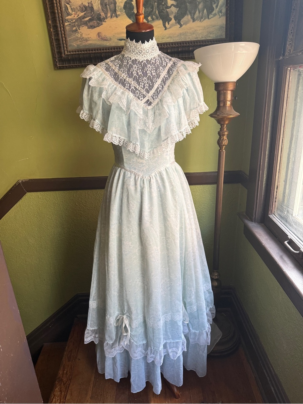 Victorian-Inspired Gunne Sax Prairie Dress Light Blue Lace Ruffled Maxi Dress